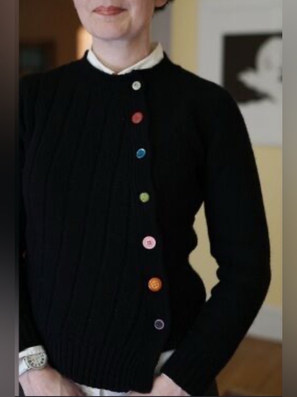 Garnet Hill Black Crewneck Sweater with Multicolor Buttons - M